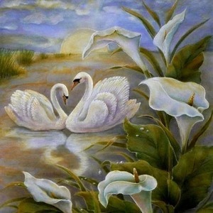 лебеди, птицы, цветы